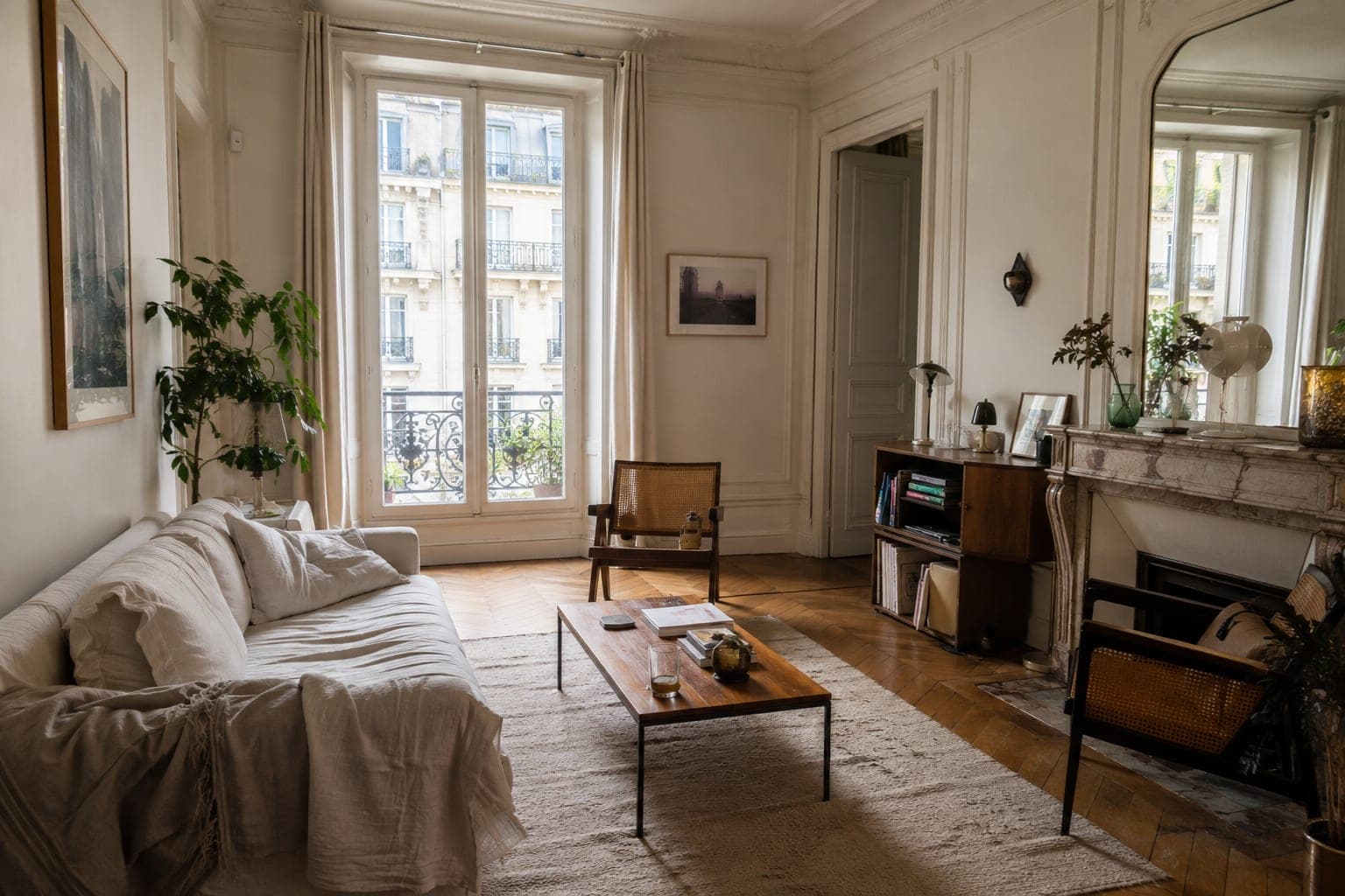 Salon d’un appartement haussmannien parisien avec balcon en fer forgé et parquet chevron
