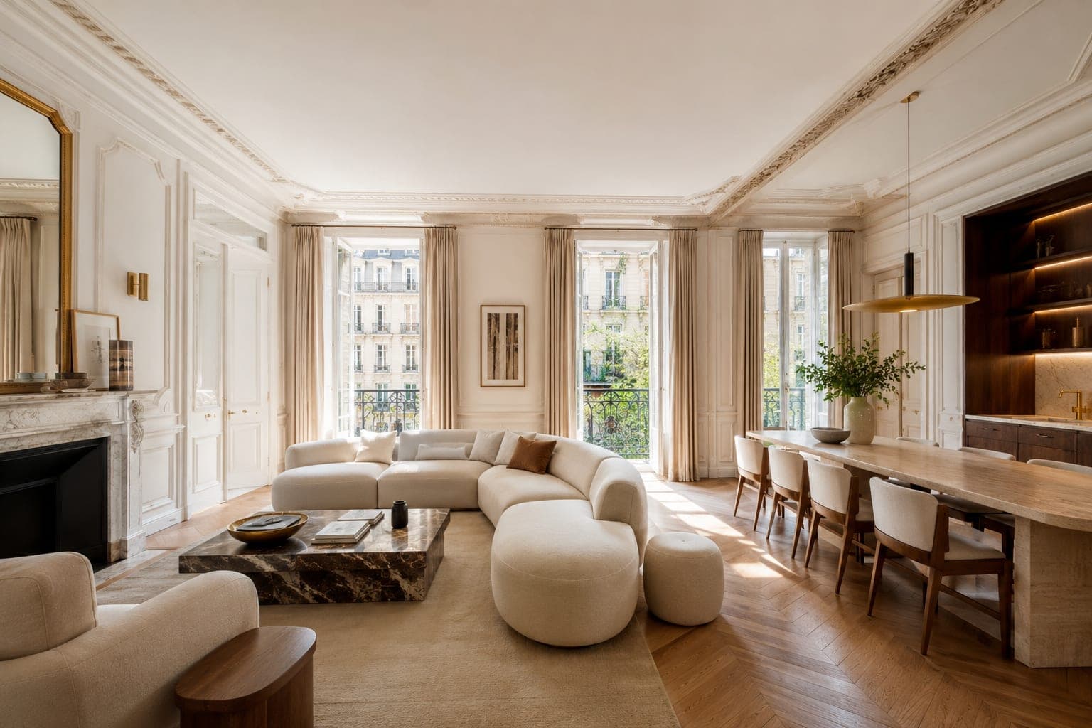 Grand salon-salle à manger haussmannien parisien avec longue table de réception, pour l’événementiel